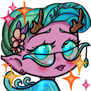 A pink-skinned elf with blue hair, antlers, and glasses gives a smug, blushing look surrounded by sparkling stars.