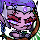 A purple-skinned elf archer with glowing eyes and red face markings looking sideways with a suspicious expression.