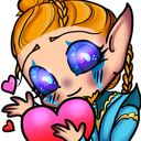 An elf character with large, glowing, teary eyes holding a pink heart against their chest.