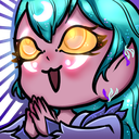 A fantasy creature with teal hair and glowing yellow eyes clasping its hands together in a prayer gesture.