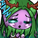 A fantasy elf with green hair and antlers looking sleepy with ZZZ symbols floating above their head.