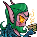A fantasy elf with green hair and glowing yellow eyes holding a steaming cup of tea with a smug expression.