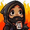 A hooded man with a beard calmly holds a coffee mug labeled #1 RL while flames rise in the background.