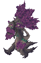A brown tree creature with purple leaves walking with a grumpy expression.