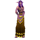A fantasy elf with long purple hair and a brown and gold robe performing a dance sequence.