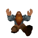A bearded man with brown hair and a gray shirt dancing with his arms raised in the air.