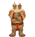 A two-headed giant performs a rhythmic dance sequence with arm movements.