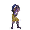 A fantasy character with purple skin and yellow pants performs a sequence of dance moves.
