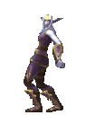 A fantasy elf character in purple and gold armor performing a rhythmic dance.
