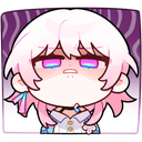 March 7th from Honkai Star Rail with a blank, unimpressed expression and glowing eyes.
