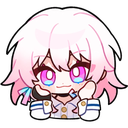 March 7th from Honkai Star Rail with pink hair and bright eyes giving a smug, playful smile while resting her chin on her ha…