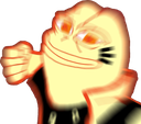 A stylized character with glowing eyes throws a punch with a fiery orange aura.