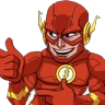 A masked superhero in a red suit gives a thumbs up and points to his chest with a smug grin.