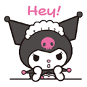 Kuromi wearing a white maid headpiece and a black hood with a pink skull, looking annoyed while saying Hey.