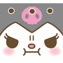 Kuromi with a grumpy expression and a pink skull on her hood.