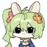 A cute anime bunny girl with green hair and rabbit ears looking suspiciously from side to side.