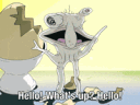 A strange creature with multiple arms emerges from an egg and waves enthusiastically while saying hello.
