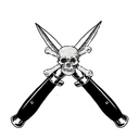 A human skull centered over two crossed switchblade knives in a dark, stylized art form.