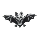 A small pixel-art bat with a skeleton body and a white skull face flying against a dark background.