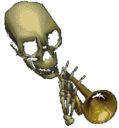 Skeleton playing a golden trumpet with a rhythmic, jamming motion.
