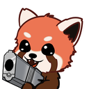 A cute red panda holding a large gray pistol with a mischievous expression.