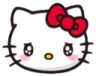 Hello Kitty face with large teary eyes and a red bow.