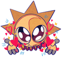 A stylized sun-headed character with large eyes surrounded by floating red hearts.