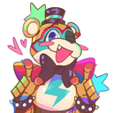 A stylized, colorful bear character with a joyful expression, surrounded by floating hearts and bright star shapes.