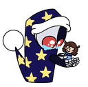 A blue moon-faced character with star patterns crying while gently holding a small human in its hands.