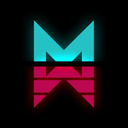Letter M in a bold, geometric font with a glowing cyan top half and a magenta bottom half against a black background.