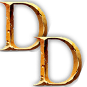 Two metallic gold capital letter D's overlapping against a black background.