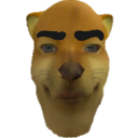 Dog face with human-like eyes and a prominent, chiseled human jawline looking smugly at the viewer.