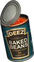 An open metal can filled with baked beans with a label reading Deez Baked Beans.
