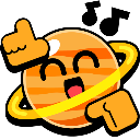 A cartoon planet with a ring and hands pointing at its center with a happy, open-mouthed expression.