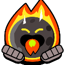 A dark cratered moon with a fiery aura and flame-spitting mouth looking aggressive.