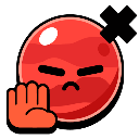 A red planet character with a grumpy expression holding up a hand in a stop gesture.