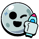 A gray cartoon moon with a winking face holding a small blue and pink rocket.