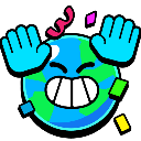 Earth character with a wide grin and hands raised in celebration surrounded by confetti.
