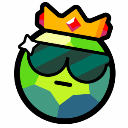 A green faceted gem wearing a golden crown and black sunglasses with a small sparkle effect.