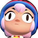 Character with a pink and blue hood looking forward with wide, blank eyes and a neutral expression.