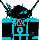 A blocky character with glowing cyan eyes and a black background featuring a play button icon.