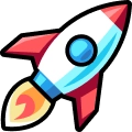 A stylized white and red rocket ship with a blue porthole and a yellow flame at the base.