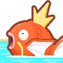 Magikarp fish with a wide-eyed, open-mouthed expression of confusion swimming in water.