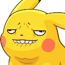 Pikachu with a distorted, smug, and mischievous facial expression.