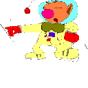 A pixelated astronaut character wearing a helmet and yellow suit pointing to the left.