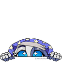 A character with a star-patterned hood peeks over a ledge with large, sparkling blue eyes.