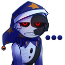 A jester character with a blue star-patterned hat and glowing red eyes stares with a suspicious, sharp-toothed expression.