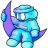A glowing blue character sitting calmly on a purple crescent moon.