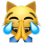 A yellow cat-faced emoji with ears, laughing with wide open eyes and large blue teardrops streaming from its eyes.