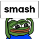 Pepe the Frog with hands raised above his head and a white box above him containing the word smash.